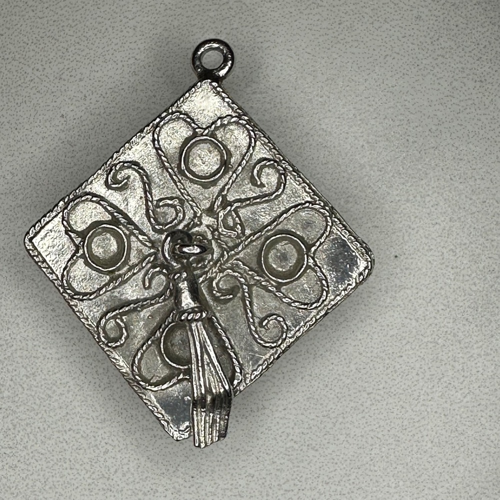 Graduate‎ Cap Vtg Sterling Silver Charm Pendant Square Ornate Filigree Jewelry